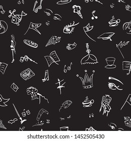black and white pattern for girls and women, images of different arts. on a seamless pattern, elements of women's everyday life and life, various tools for hobbies and objects from the theater, galler