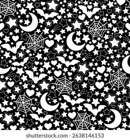 Black and white pattern of Halloween elements. Seamless pattern