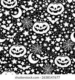 Black and white pattern of Halloween elements. Seamless pattern