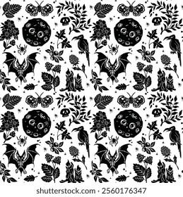 black and white pattern for halloween seamless hand drawn illustration