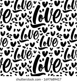 Black and white pattern with hand drawn hearts and word Love.Perfect design for posters, cards, textile, web pages.Valentine's day.