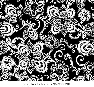 Black and White Pattern with Hand Drawn Flowers. Vector Seamless Lacy Texture.