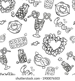 black and white pattern with hearts, lips, cocktail, love word, lollipops. Black sketch on white background