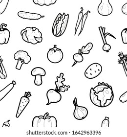 Black and white pattern of icons of various vegetables in a flat linear style.