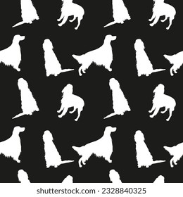 Black and white pattern with Irish setter dogs. Elegant, soft seamless background, abstract background. Birthday present wrapping paper. Fashion decoration. White dog silhouette on a white background