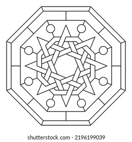 Black and white pattern isolated on white background. Gothic stained glass window. Geometric pattern. Magical star. Coloring page. Easily edit the color and thickness of the lines.