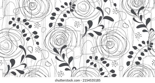 Patrón blanco y negro con hojas y formas abstractas. Resumen de textura geométrica sin fisuras para papeles pintados, página web, texturas superficiales, textil, decoración de paredes de diseño, tela, papel envolvente. Vector