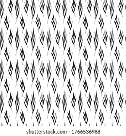 Black and white pattern with leaves and twigs of plants. Seamless pattern in a minimalistic Scandinavian style.Black twigs on a white background. Vector illustration