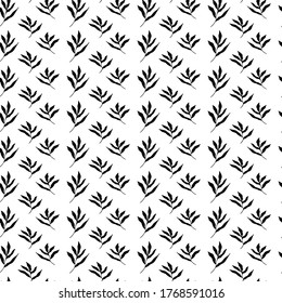 Black and white pattern with leaves and twigs of plants. Seamless pattern in a minimalistic Scandinavian style.Black twigs on a white background. Vector illustration. Design for printing