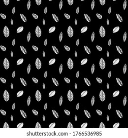  Schwarz-Weiß Muster mit Blättern.Nahtlose Botanische Muster im skandinavischen Stil.Weiß auf schwarzem Hintergrund. Bleimuster.Vektorgrafik