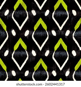Black and white pattern with lime green accents, diamond shapes in an Ikat-style grunge lines ikat pattern, striped seamless pattern, Vector illustration background for print the paper.