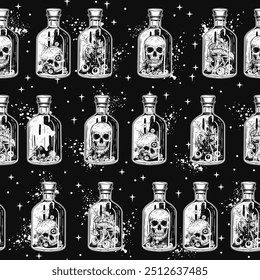 Black and white pattern with lined up bottles with potion with human skull inside, mushrooms. Halloween creepy graphics in vintage style.