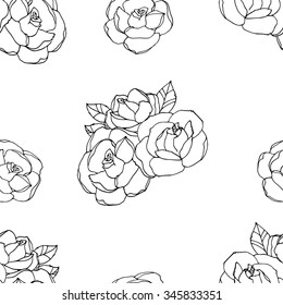 Black And White Pattern made of Rose Flowers.Floral Seamless Outline Monochrome Ornament.