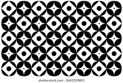 black and white pattern. Monochrome Indonesian batik background with floral geometry in black and white. The ethnic style evokes heritage symbolism through strong repetition and minimalist floral