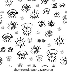 Black and white pattern on a white background. Abstract, wide open eyes with long eyelashes. Look forward, up, to the side. Good for textiles, typography and printing.