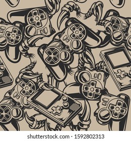 Black and white  pattern on a gaming theme in vintage style with joystick, gaming console and dino paw. Vector