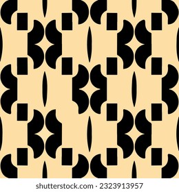 Black and white pattern on yellow background, repeating fabric design with art nouveau influences, featuring intricate motifs.