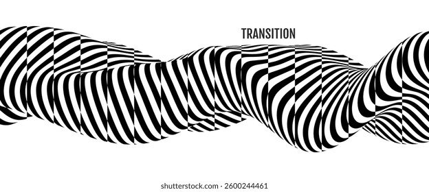 Black and white pattern. Optical illusion dynamic pattern with displacement from multiple sliced lines. Abstract striped background. 3D vector for cover, interior design or print.