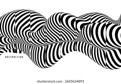 Black and white pattern. Optical illusion dynamic pattern with displacement from multiple sliced lines. Abstract striped background. 3D vector for cover, interior design or print.
