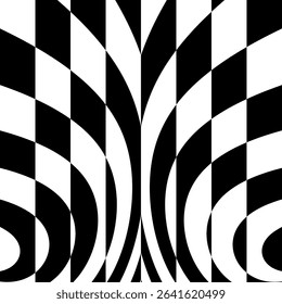 Black and white pattern. Optical illusion dynamic pattern with displacement from multiple sliced lines. Abstract striped backdrop. 3d surreal vector for brochure, presentation, etc.