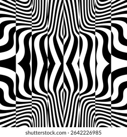 Black and white pattern. Optical illusion dynamic pattern with displacement from multiple sliced lines. Abstract striped backdrop. 3d surreal vector for brochure, presentation, etc.