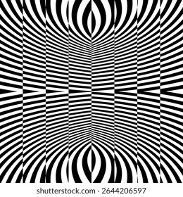Black and white pattern. Optical illusion dynamic pattern with displacement from multiple sliced lines. Abstract striped backdrop. 3d surreal vector for brochure, presentation, etc.
