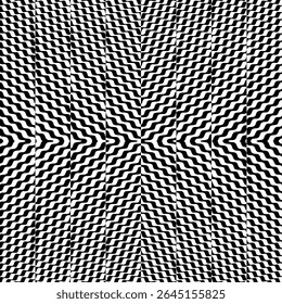 Black and white pattern. Optical illusion dynamic pattern with displacement from multiple sliced lines. Abstract striped backdrop. 3d surreal vector for brochure, presentation, etc.