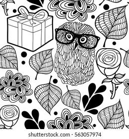 Black and white pattern with owl and gifts. Vector background for coloring.