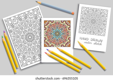 Black and white pattern page a4 for anti-stress coloring book. Colored mandala invitation card and monochrome doodle card with place for the text. Sketch line patterns and colorful pencils mock-up set