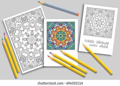 Black and white pattern page a4 for anti-stress coloring book. Colored mandala invitation card and monochrome doodle card with place for the text. Sketch line patterns and colorful pencils mock-up set