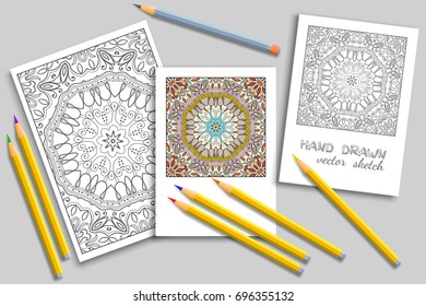 Black and white pattern page a4 for anti-stress coloring book. Colored mandala invitation card and monochrome doodle card with place for the text. Sketch line patterns and colorful pencils mock-up set