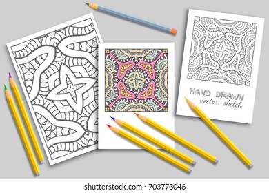 Black and white pattern page a4 for anti-stress coloring book. Colored mandala invitation card and monochrome doodle card with place for the text. Sketch line patterns and colorful pencils mock-up set