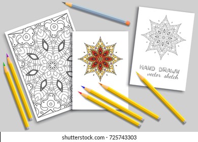 Black and white pattern page a4 for anti-stress coloring book. Colored mandala invitation card and monochrome doodle card with place for the text. Sketch line patterns and colorful pencils mock-up set