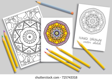 Black and white pattern page a4 for anti-stress coloring book. Colored mandala invitation card and monochrome doodle card with place for the text. Sketch line patterns and colorful pencils mock-up set