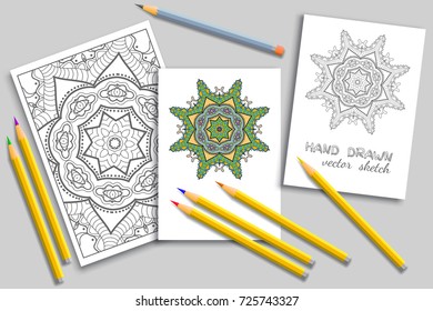Black and white pattern page a4 for anti-stress coloring book. Colored mandala invitation card and monochrome doodle card with place for the text. Sketch line patterns and colorful pencils mock-up set