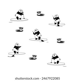 Black and white pattern: pandas swim on glanders across a lake with water lilies. Vector illustration.