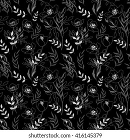 Black and white pattern poppies, cute seamless background, seamless floral illustrations. Dashed line drawing flowers and leaves on black. Vector.