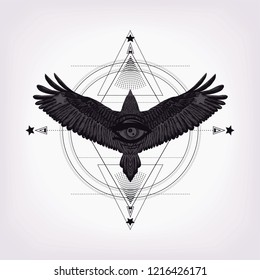 Black and white pattern for print t shirt. Diamond with hypnotism circles and flying eagle with all seeing eye. Sacred geometry. Geometric mandala for coloring book. Alchemy, esoteric, astrology.