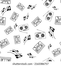 black and white pattern of a radio recorder with cassettes and notes in the style of a doodle.
