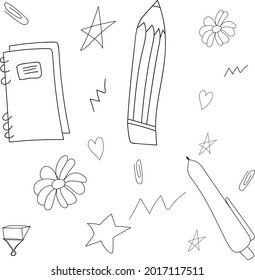 Black and white pattern of school supplies. The vector pattern is hand-drawn, perfect for all designs.