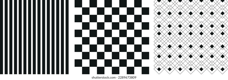 Black and white pattern set design. Striped, checkers and geometric design