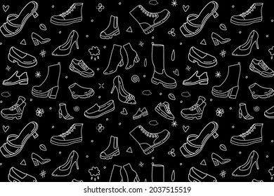 Black and white pattern with shoes, shoes contour seamless pattern.