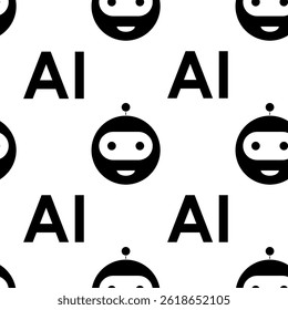El patrón en blanco y negro muestra rostros extravagantes de robots junto con la IA de texto, creando una estética digital divertida y moderna.
