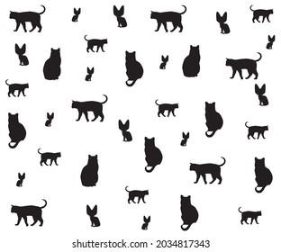 black and white pattern with silhouettes of black cats