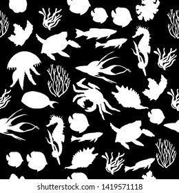 Black and white pattern with silhouettes of sea animals. Manual graphics. Sketches. Sea animals, corals and algae.Seamless pattern for decorating various surfaces.