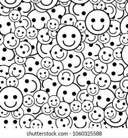black and white pattern with smile icons. Happy faces background. Vector illustration.