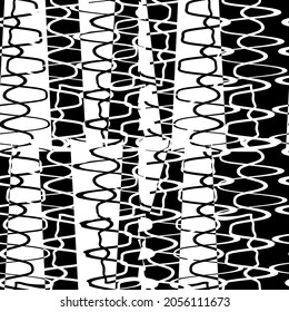 Patrón blanco y negro con ondas sonoras. Grunge retro vector abstracto. Ilustración artística monocroma para el diseño de tela, papel de pared, papel decorativo, diseño web, fondo, postal.