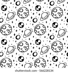 In black and white pattern with a space, moon, star, planet.