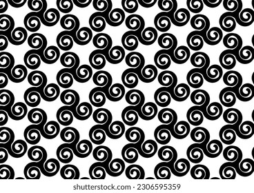 black and white pattern with spiral hand drawing on white background