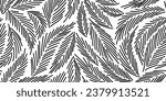 Black and white pattern with spruce needles. Winter linear botanical pattern. Line illustration with Christmas tree branches and leaves on white background. Pine needles texture